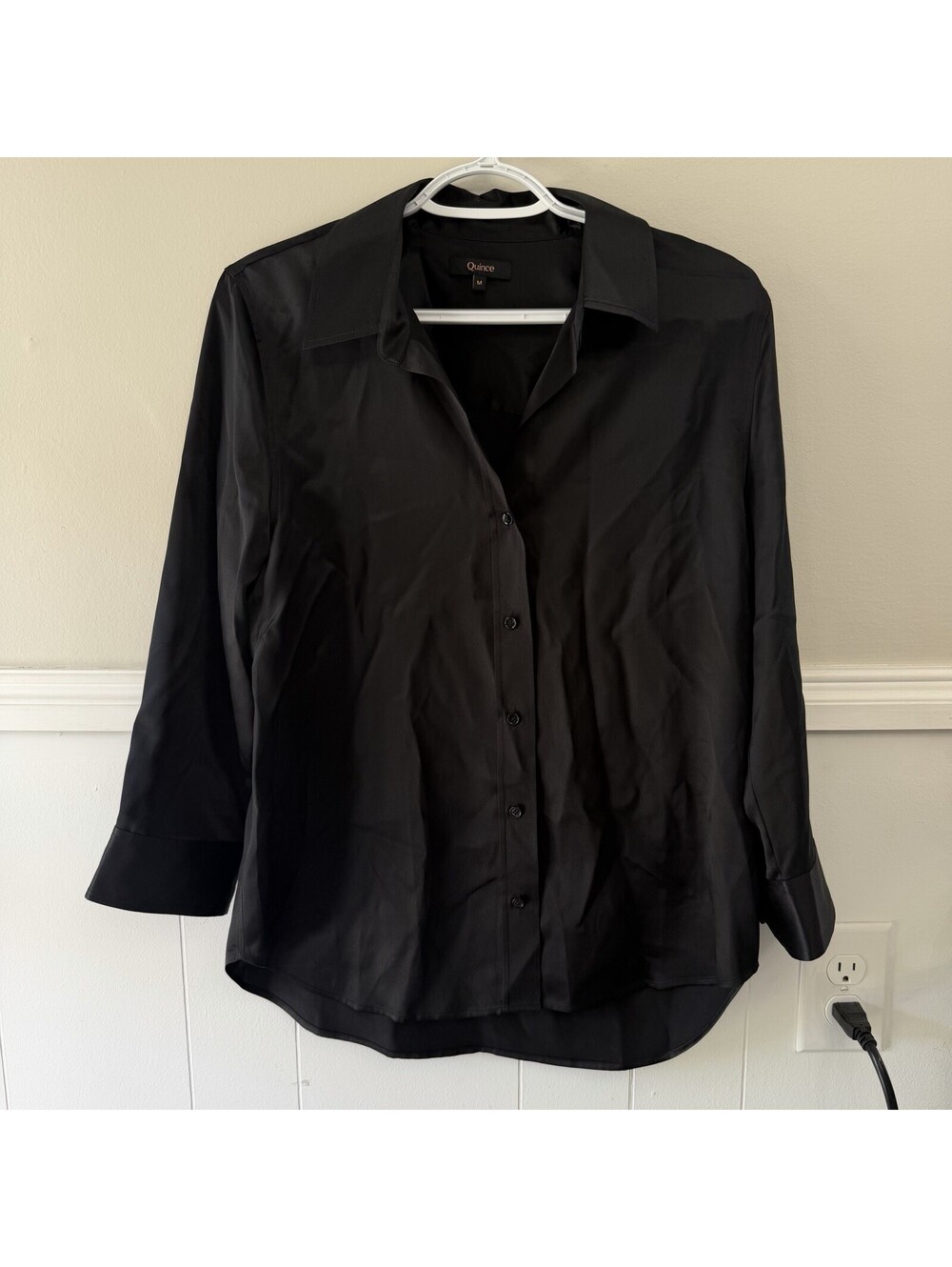 Quince Washable Stretch 3/4 Sleeve Silk Blouse Black Size M Elegant